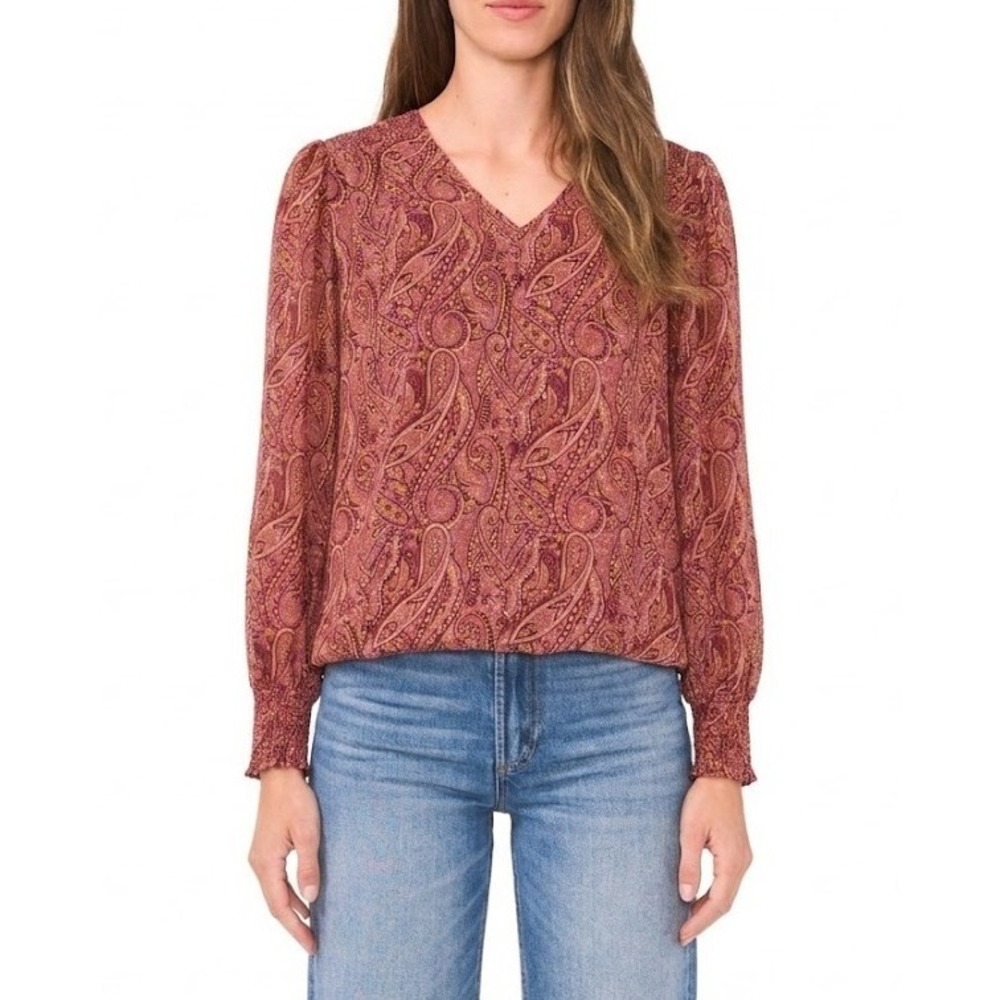 SAM & JESS WOMENS Top BLOUSON V-Neck CRISP MERLOT Size M